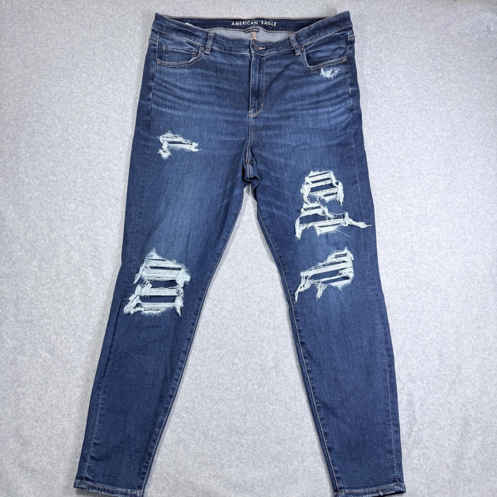 American Eagle Skinny Jeans Womens 20 Long Dark Blue Distressed Stretch